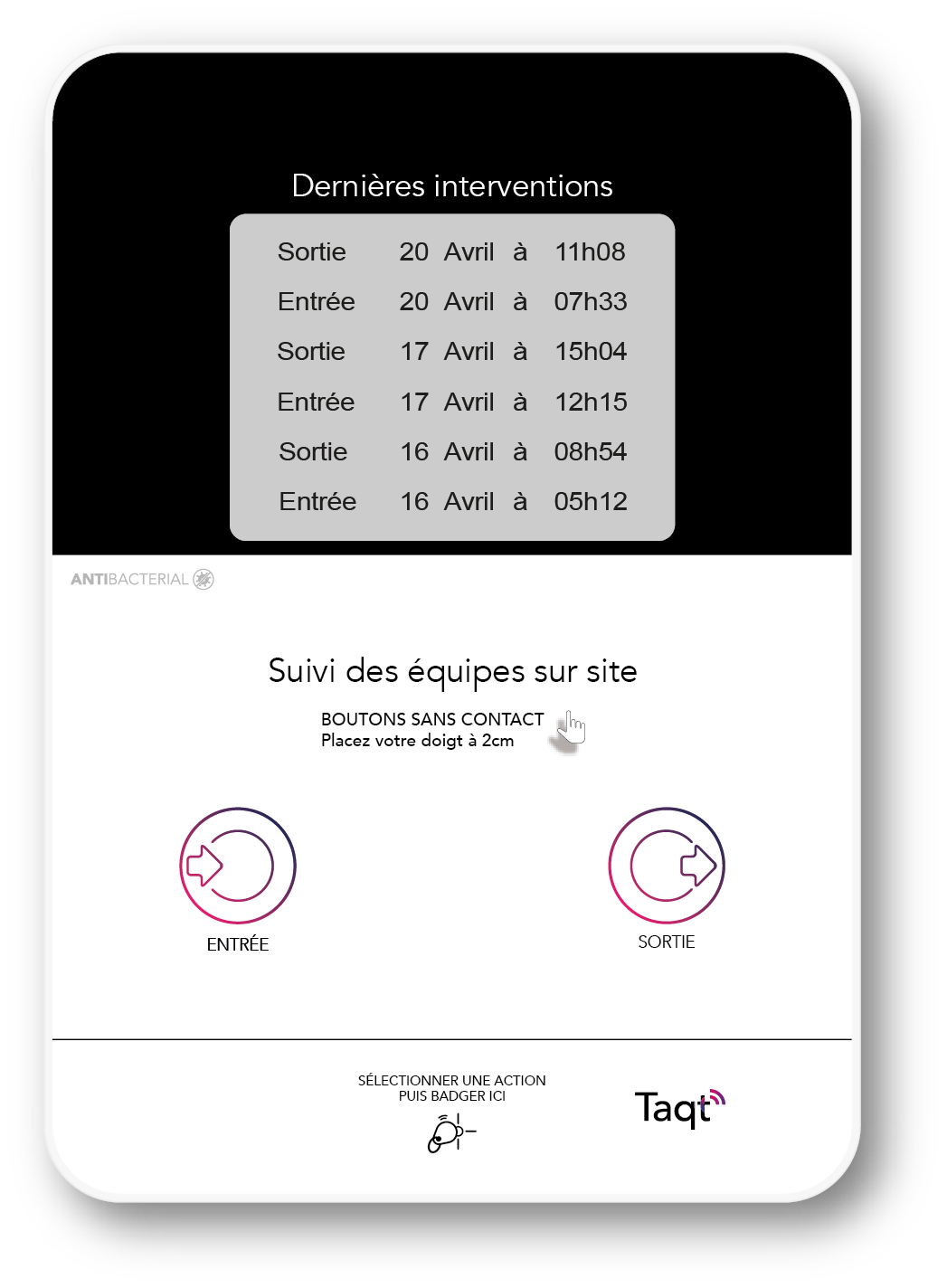 Pointeuse Taqt x MerciYanis entrée sortie avec badge NFC
