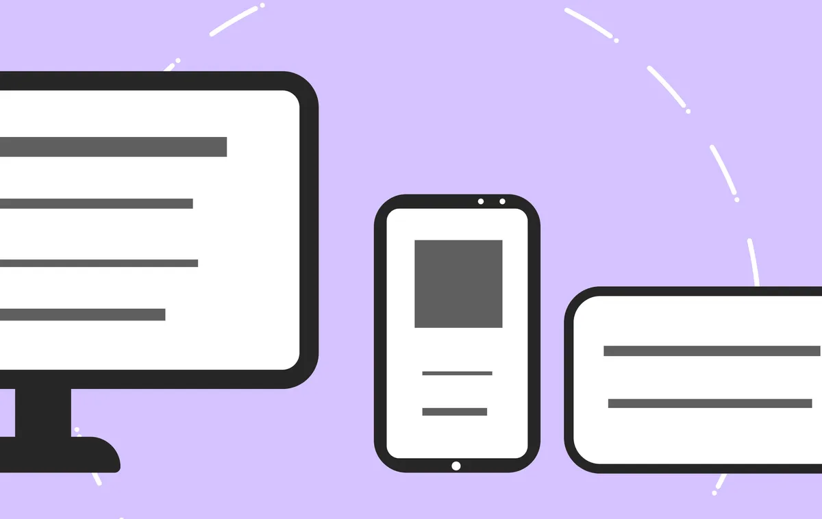 Illustration d'un écran d'ordinateur, d'un smartphone et d'une tablette affichant des messages, sur fond violet clair