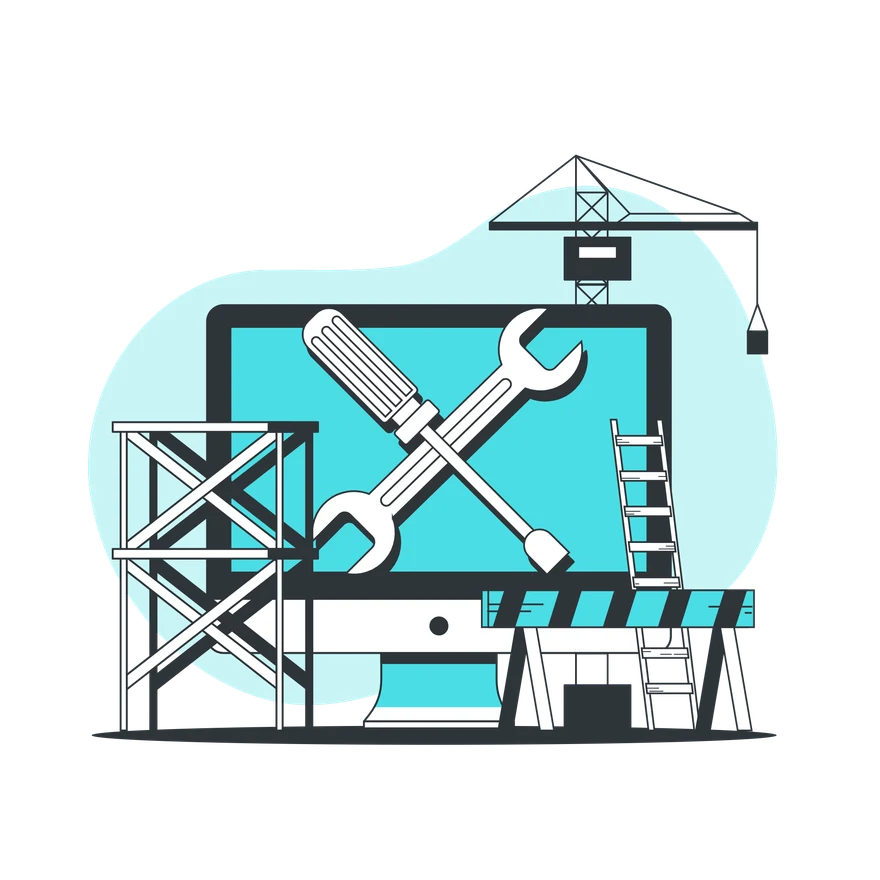 Un écran d'ordinateur entouré d'outils, d'une grue et d'échafaudages, symbole des interventions de maintenance à tracer