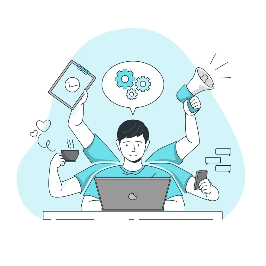 Un collaborateur multitâche jongle entre planning, téléphone, mégaphone et notifications, illustration des urgences permanentes