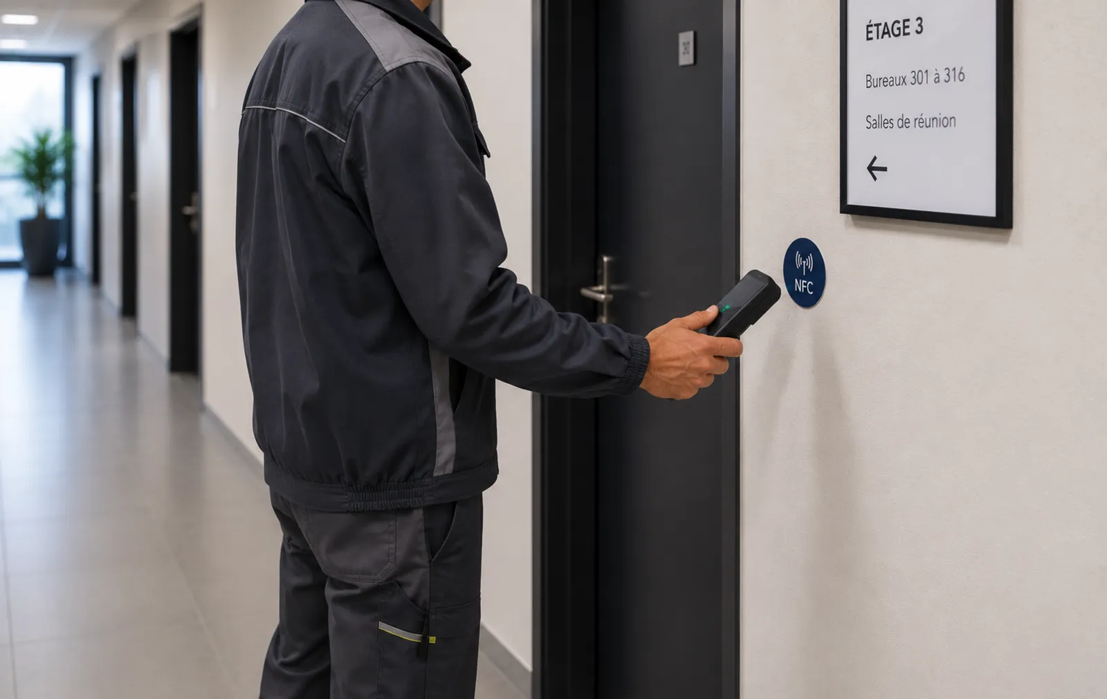 Un agent en tenue de travail approche son smartphone d'un badge NFC fixé au mur, dans le couloir d'un immeuble de bureaux
