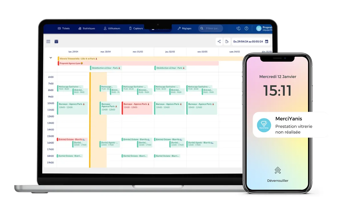 Interface MerciYanis sur ordinateur portable affichant un planning de prestations, et notification sur smartphone signalant une prestation de vitrerie non réalisée