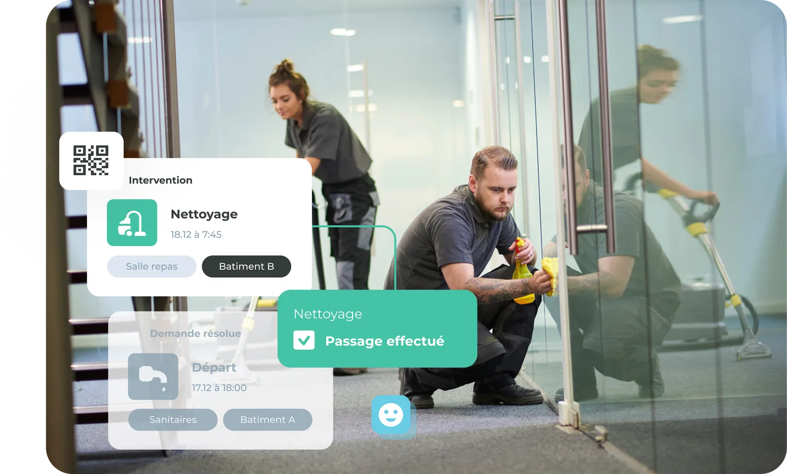 Agents de propreté sur site, avec le départ de l'agent et le passage horodatés sur la plateforme