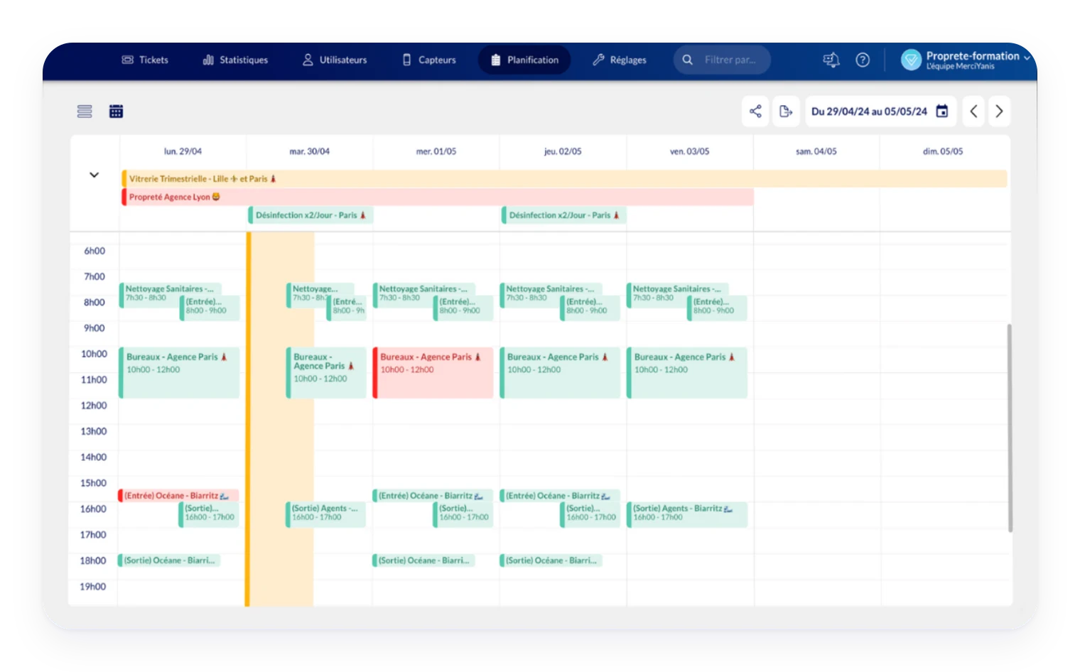 Calendrier de planification MerciYanis : horaires de présence des agents par site sur la semaine