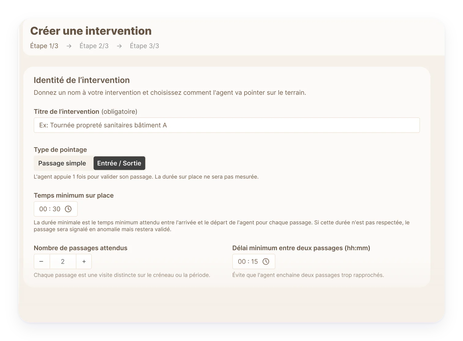 Créer une intervention, étape 1 : identité de l'intervention et mode de validation de la présence