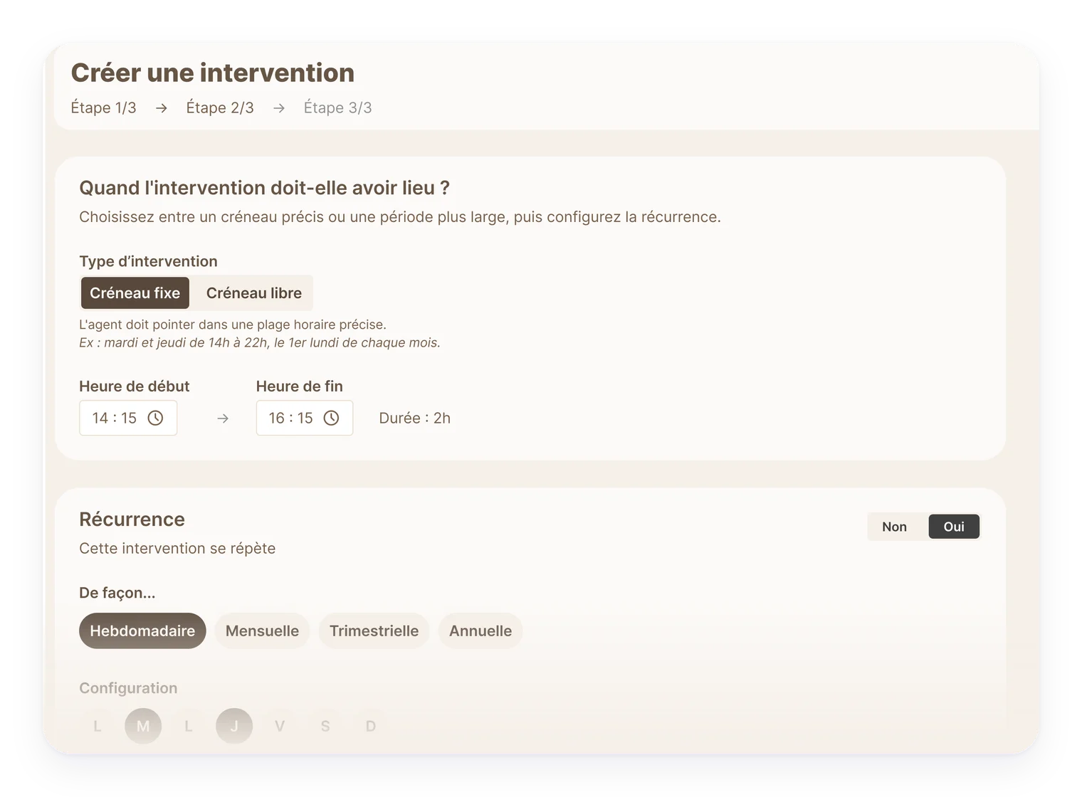 Créer une intervention, étape 2 : créneau horaire et récurrence