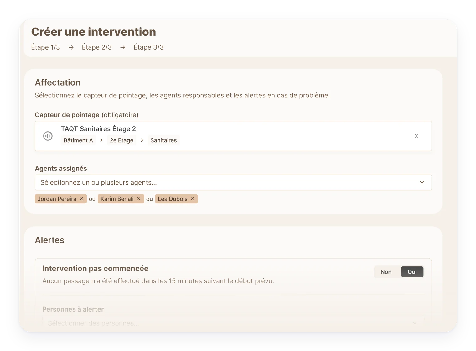 Créer une intervention, étape 3 : affectation des agents et alertes