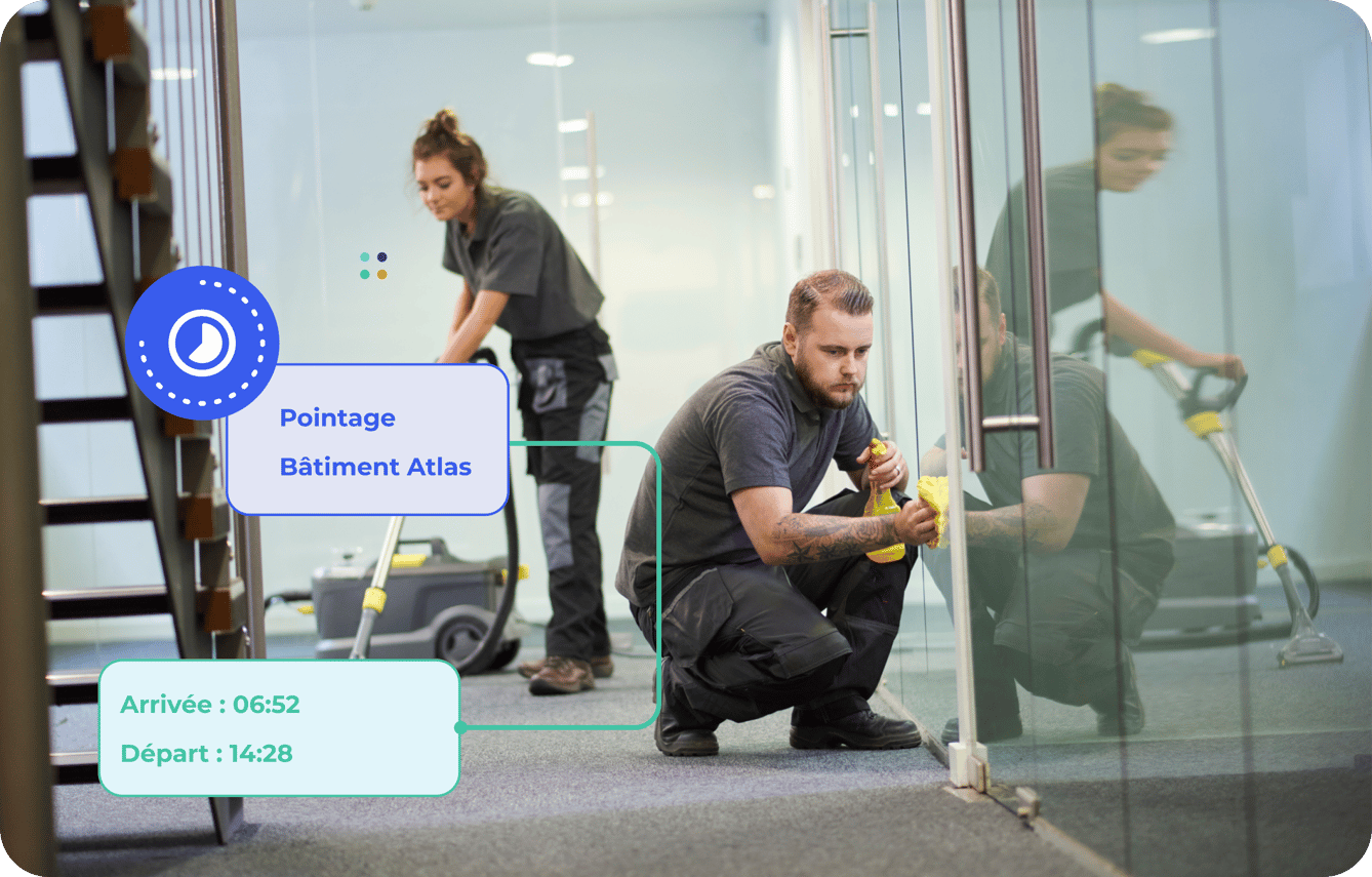 Pointage des agents de propreté — Bâtiment Atlas, arrivée 06:52, départ 14:28